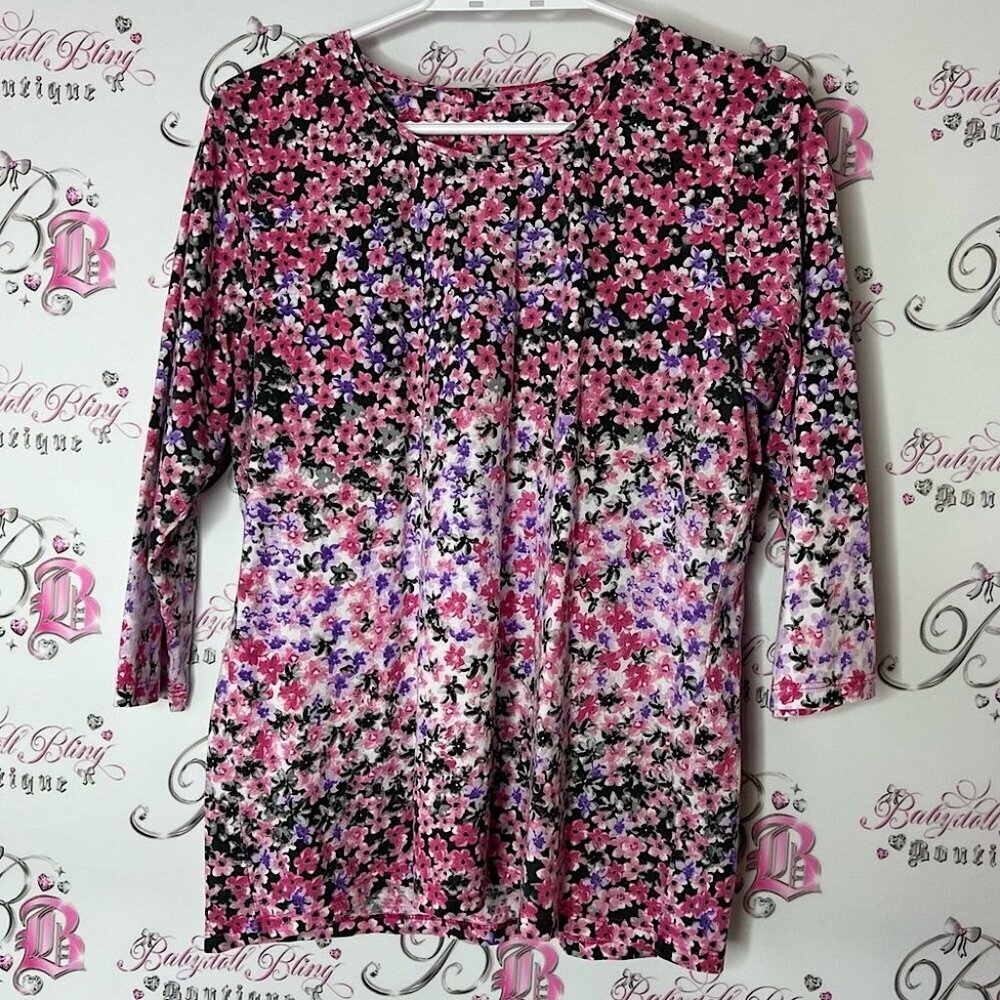 Alia top rhineston crystal diamond Floral Women's Top Pink and Purple white